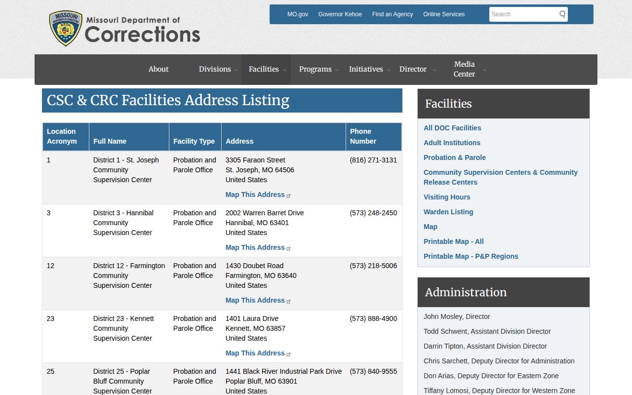 MODOC listing for the Farmington Community Supervision Center serving St. Francois County